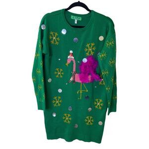 Tis The Season! Green Flamingo Christmas Sweater Dress Sz M